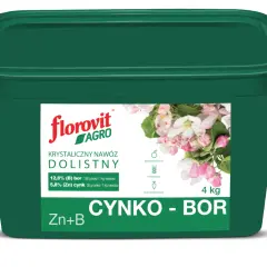 Zielony pojemnik z nawozem dolistnym Florovit Cynko-Bor. Opakowanie zawiera 4 kg produktu, który dostarcza roślinom bor i cynk, wspierając ich wzrost w sadownictwie, rolnictwie i warzywnictwie.
