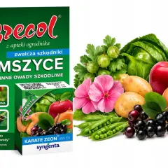 Karate Zeon 050 CS – skuteczne zwalczanie mszyc i innych szkodników. Opakowanie 2,5 ml na 12,5 l wody. Zdjęcie przedstawia warzywa i owoce.
