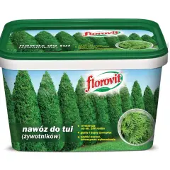 Nawóz do tui (żywotników) Florovit zapewnia szybki wzrost i intensywne wybarwienie, tworząc gęsty żywopłot.