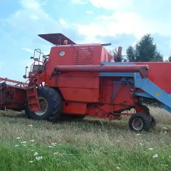 Czerwony bizon gigant, potężna maszyna rolnicza, stoi na polu wśród traw i chabrów, gotowa do żniw.