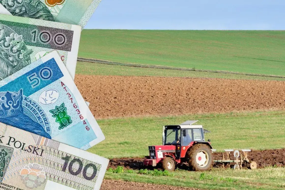 Pieniądze i traktor na polu symbolizują inwestycje w restrukturyzację małych gospodarstw.
