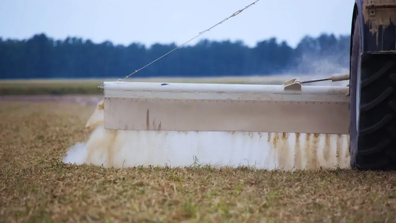 Traktor rozsypuje wapno na polu, poprawiając jakość gleby. Wapnowanie gleby to klucz do lepszych plonów.