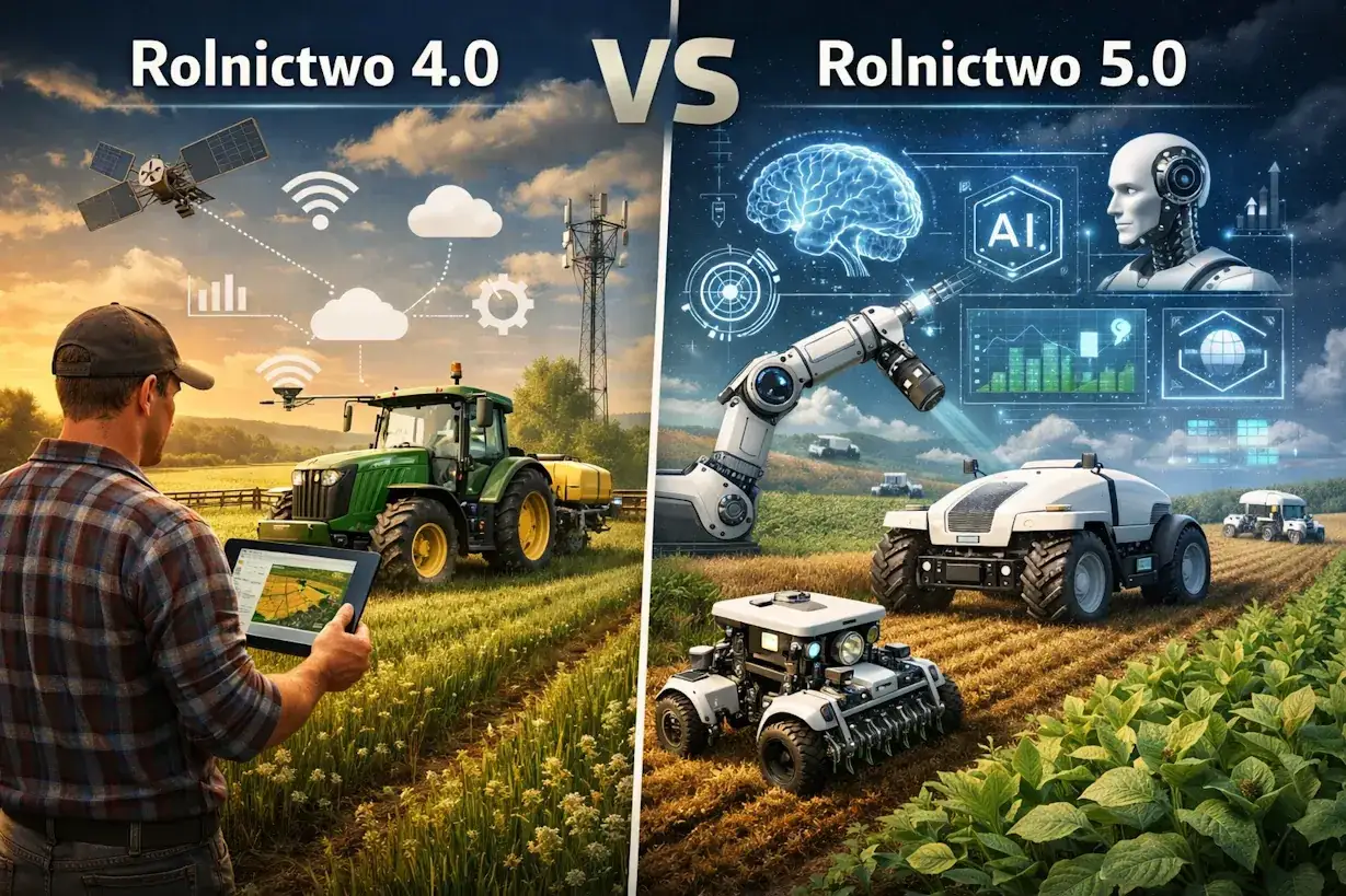 Rolnictwo 4.0: rolnik z tabletem steruje traktorem, satelita i wieża komunikacyjna. Rolnictwo 5.0: robot, autonomiczne pojazdy i AI w polu.