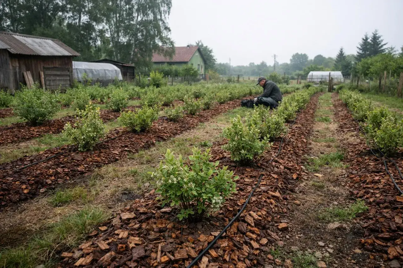Plantacja borówki amerykańskiej. Widać rzędy młodych krzewów, ściółkowanych korą, z systemem nawadniania. W tle mężczyzna pochylony nad ziemią, jakby sadził borówki.